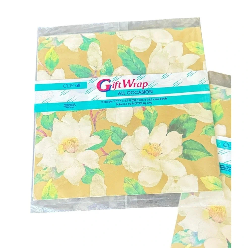 Vintage 1996 Cleo Gift Wrap 2 Packs Magnolia Floral Yellow All Occasion 4 Sheets
